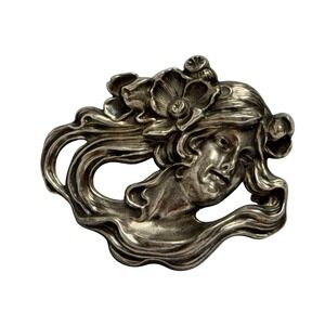 William Kerr Art Nouveau‎ Sterling Silver lady hair flowing Pin Vtg 1297 signed